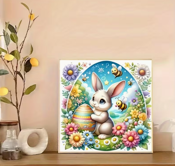 Diamond Painting Osterhase mit Blumen und Bienen